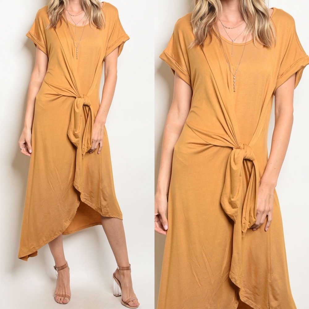 Topanga Mustard Asymmetrical Knot Front Midi Dress
